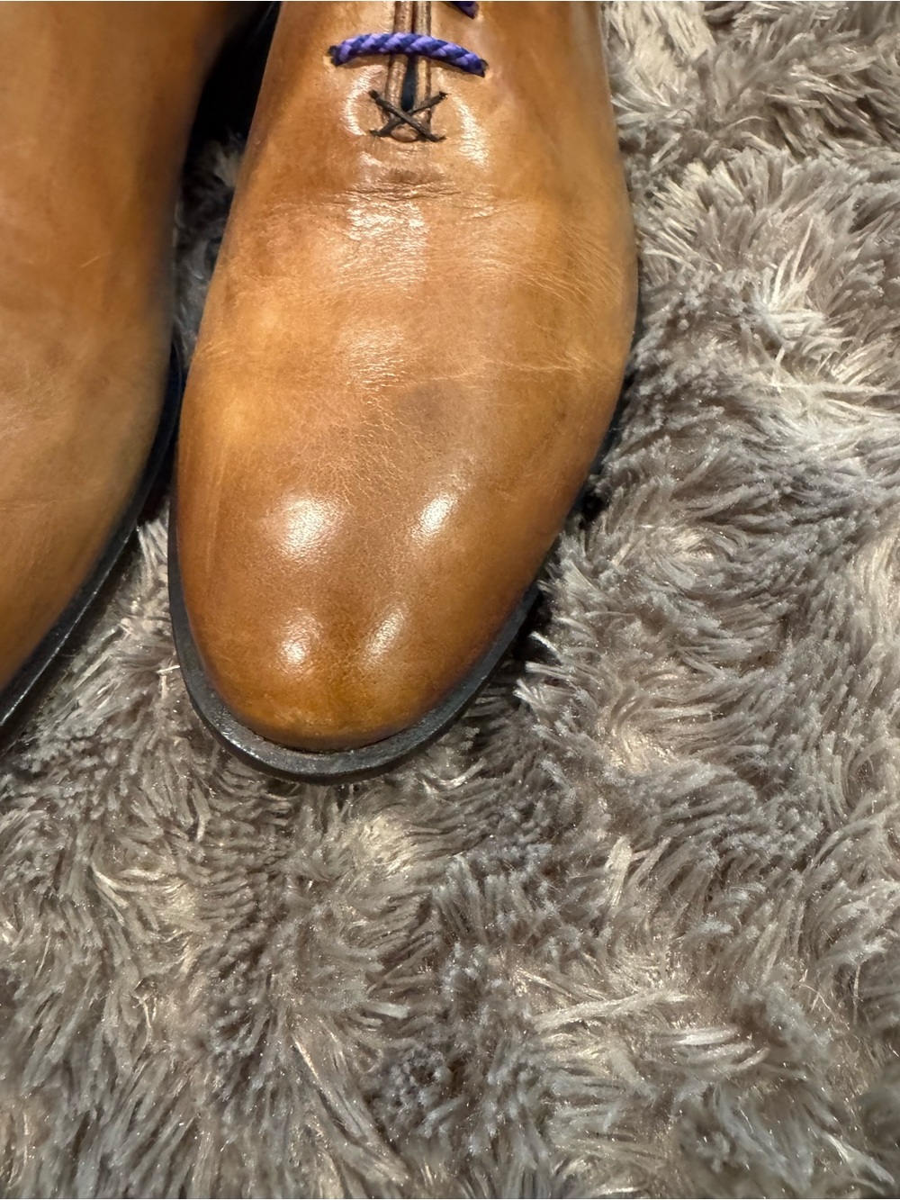 Men's Tan Leather Derby Shoes with Blue/Purple Laces by CUOIO. Made in Italy - Picture 4 of 14
